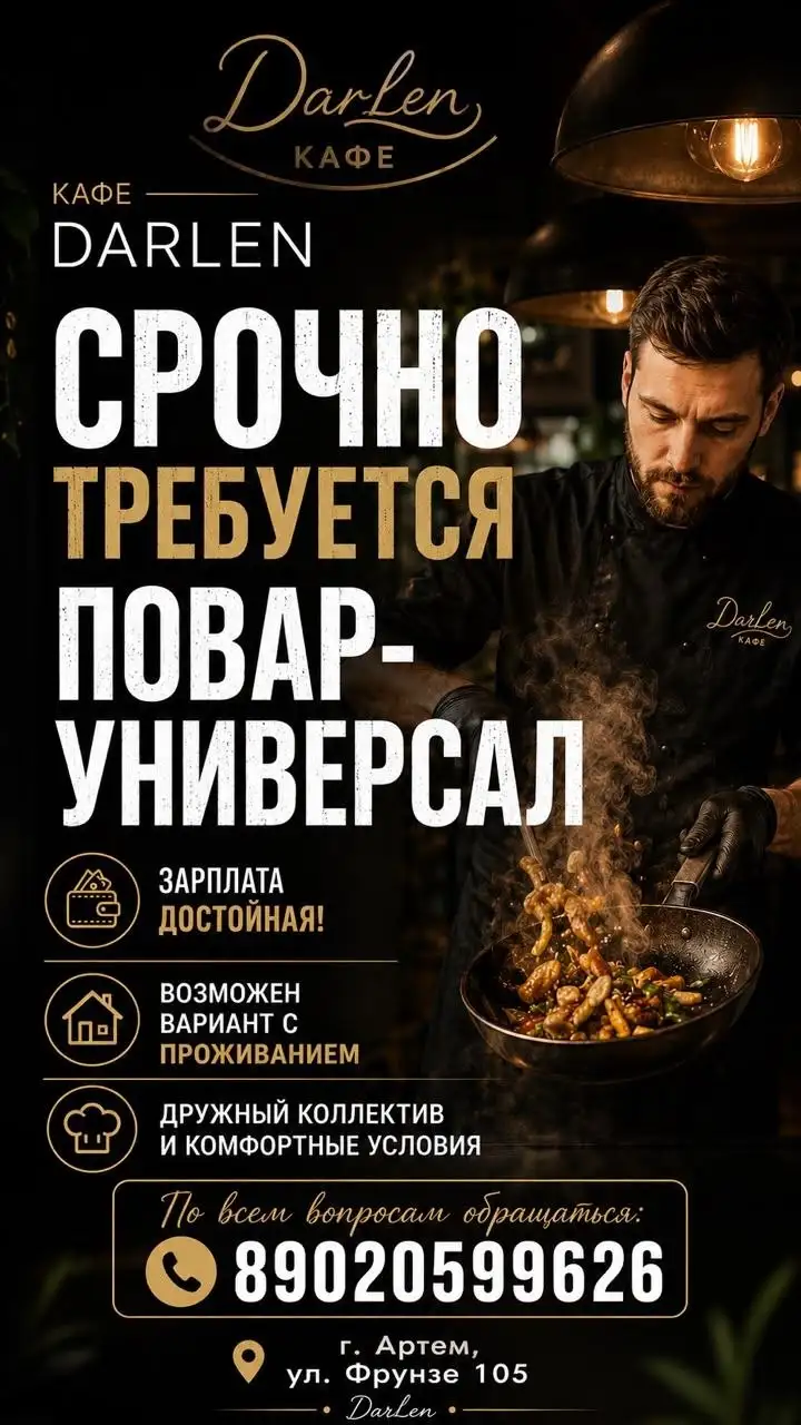 Требуется повар-универсал в кафе DARLEN - Общественное питание (Работа) в Артём
