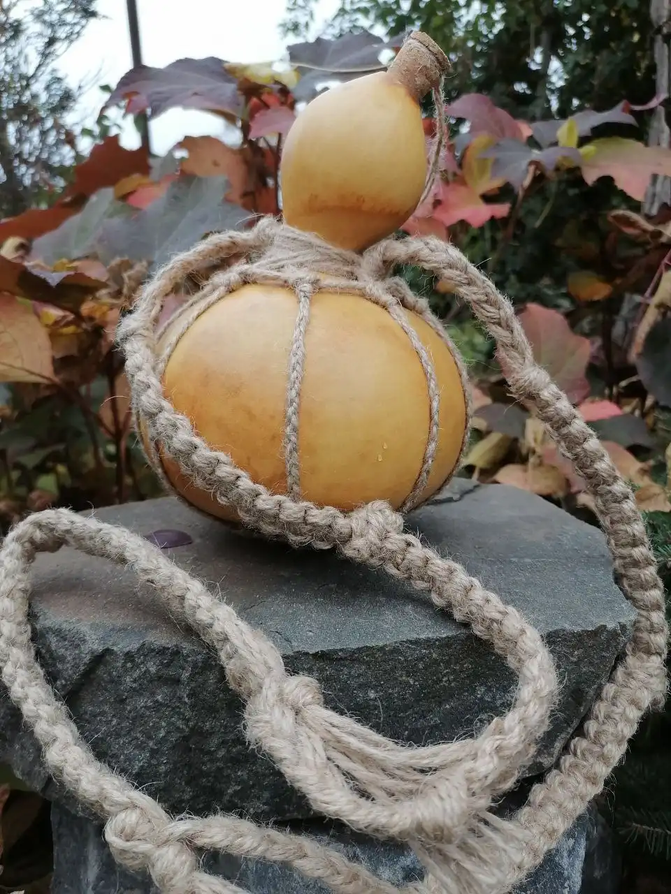 Ручная фляга из посудной тыквы с выжженным рисунком