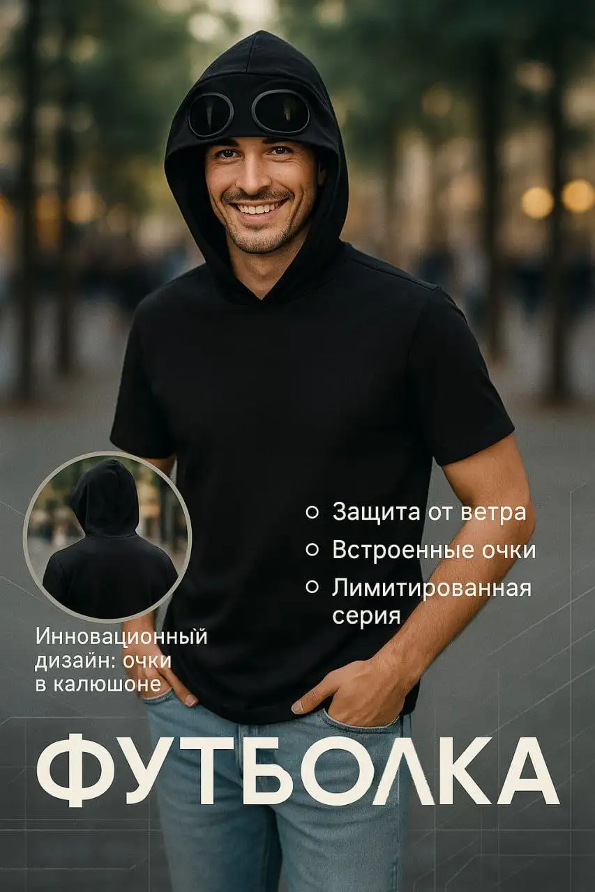 Стильная футболка с капюшоном и встроенными очками - Футболки (Одежда) в Москва