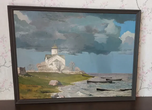 Картина «Псковская земля. Церковь в деревне Устье» (1990 г.) Гаряев Р.М - Картины в Москва