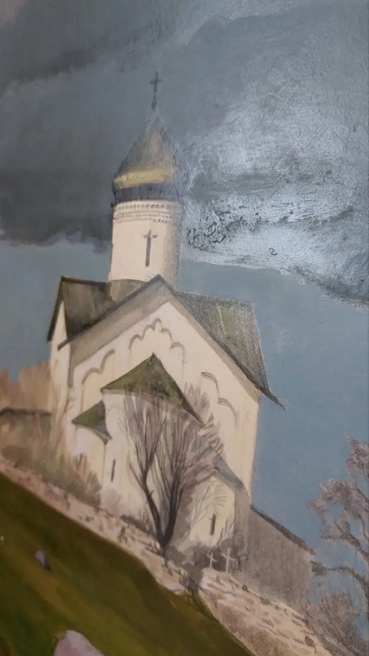 Картина «Псковская земля. Церковь в деревне Устье» (1990 г.) Гаряев Р.М - Картины (Хобби и отдых) в Москва