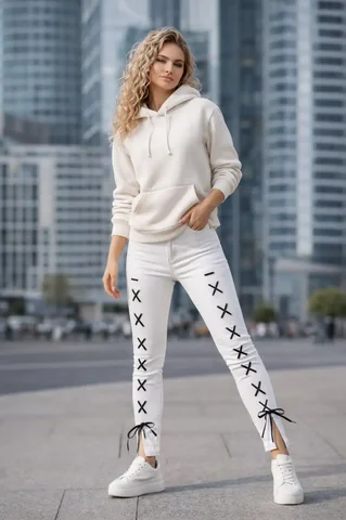 Джинсы с оригинальной шнуровкой из кожзама - Джинсовая одежда в Москва