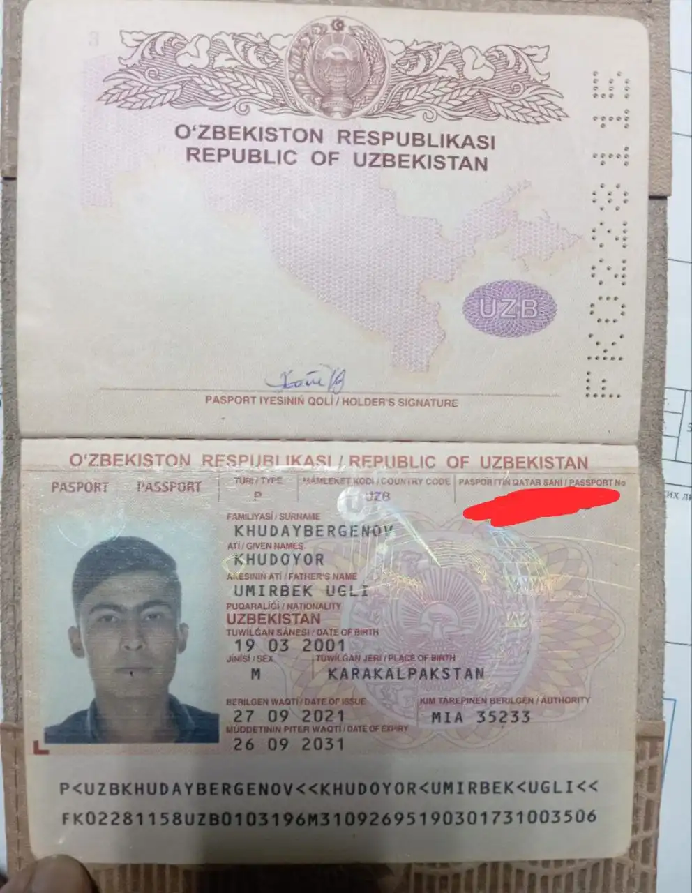 Утерянные документы Худойбергенова Худоёра