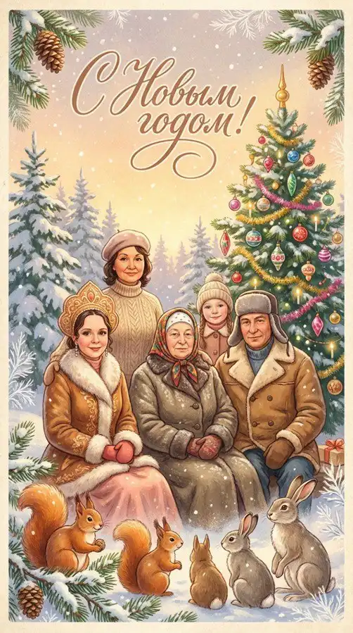 Открытка в стиле СССР с Рождеством или Новым годом