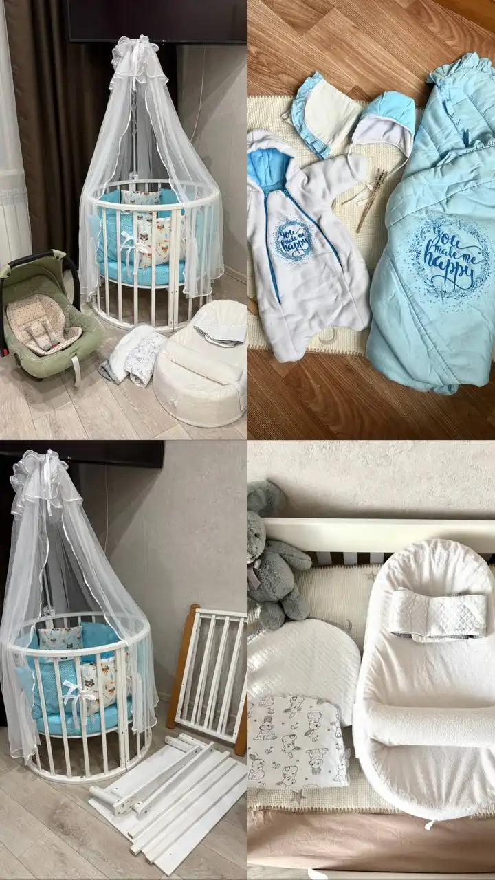 Кроватка полный комплект, автолюлька, кокон и конверт для новорожденного