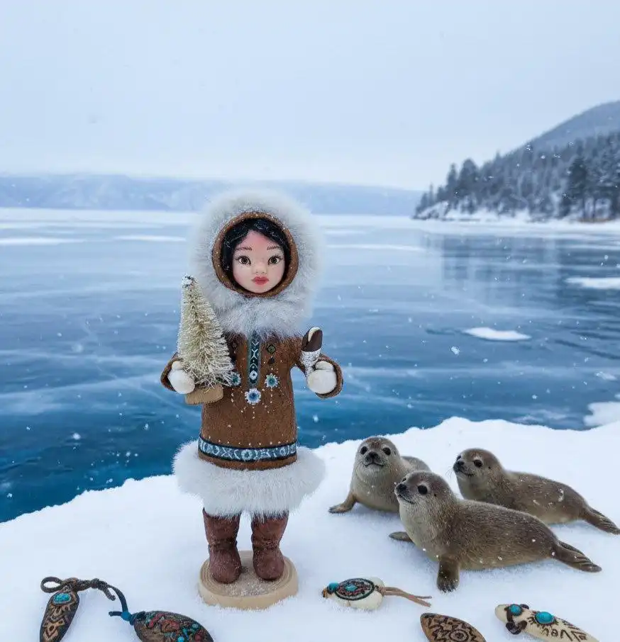 Ватная игрушка Северная девочка на берегу Байкала