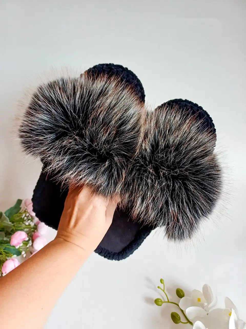 Домашние тапочки из плюшевой пряжи с меховой опушкой - Обувь (Одежда) в Иркутск