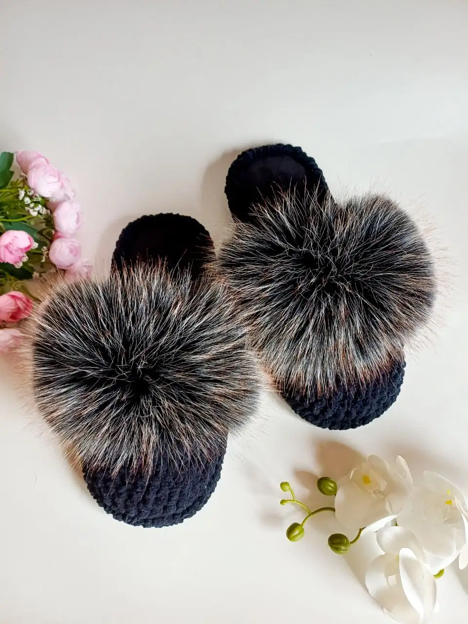 Домашние тапочки из плюшевой пряжи с меховой опушкой - Обувь (Одежда) в Иркутск