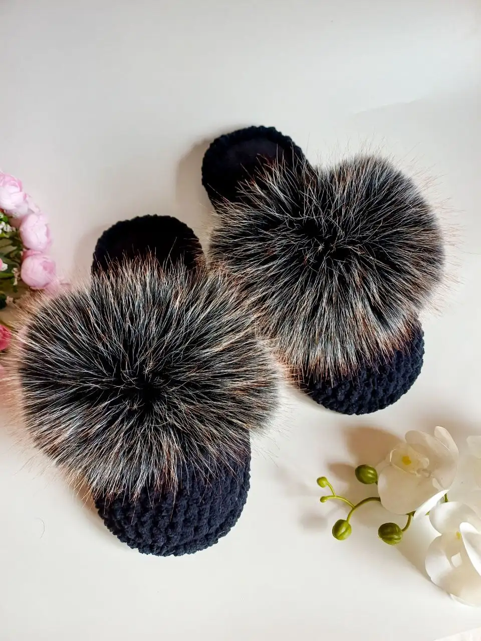 Домашние тапочки из плюшевой пряжи с меховой опушкой - Обувь (Одежда) в Иркутск