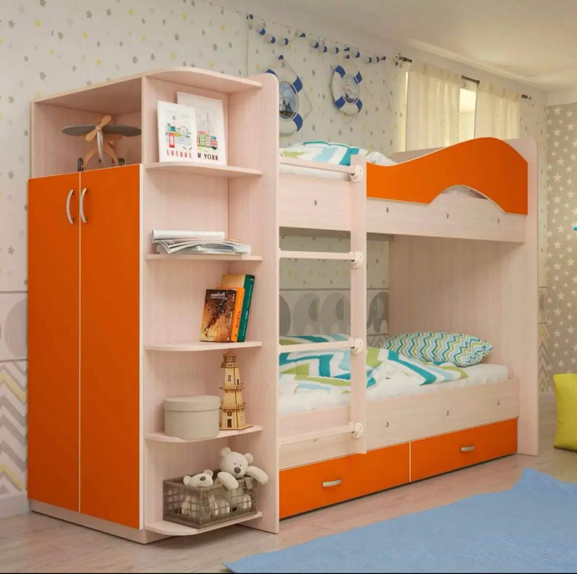 Двухъярусная кровать с ящиками и шкафом - Мебель (Для дома и дачи) в Иркутск