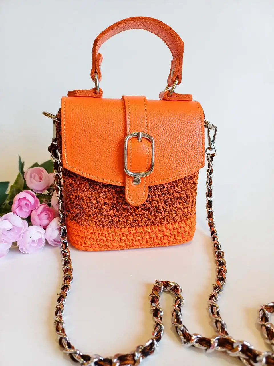 Сумочка Мини биг из полиэфирного шнура с натуральной кожей