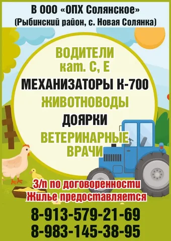 Требуются водители, механизаторы, животноводы, доярки, ветеринарные врачи в ОПХ Солянское - частное объявление в Новая Солянка