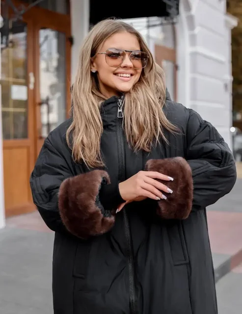 Пуховик женский оверсайз с искусственным мехом - Одежда в Тюмень