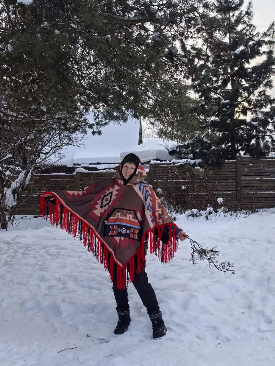 Новое утепленное флисом пончо ручной работы