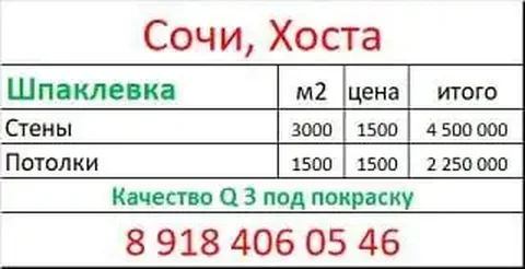 Шпаклевка стен и потолков в Сочи, Хоста - частное объявление в Сочи