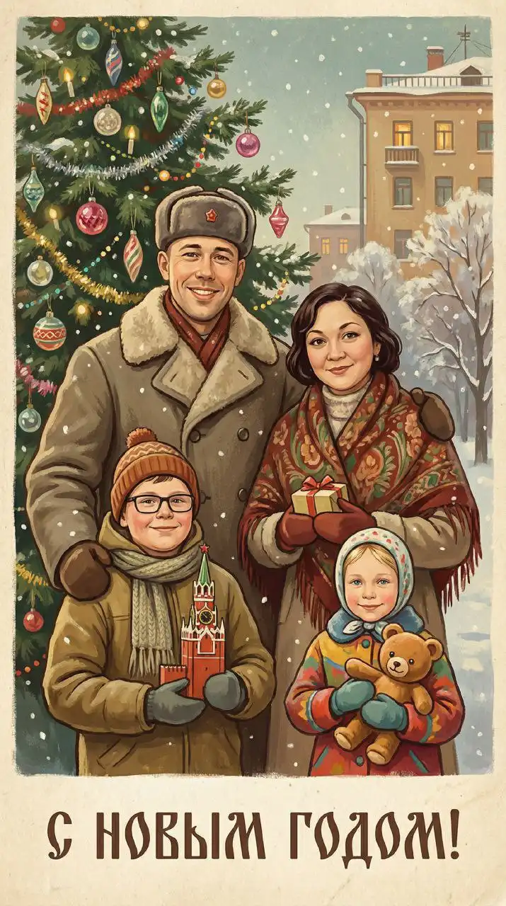 Создание семейной новогодней открытки в стиле советской эпохи