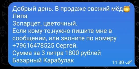 Свежий мёд (липа, эспарцет, цветочный) - частное объявление в Базарный Карабулак