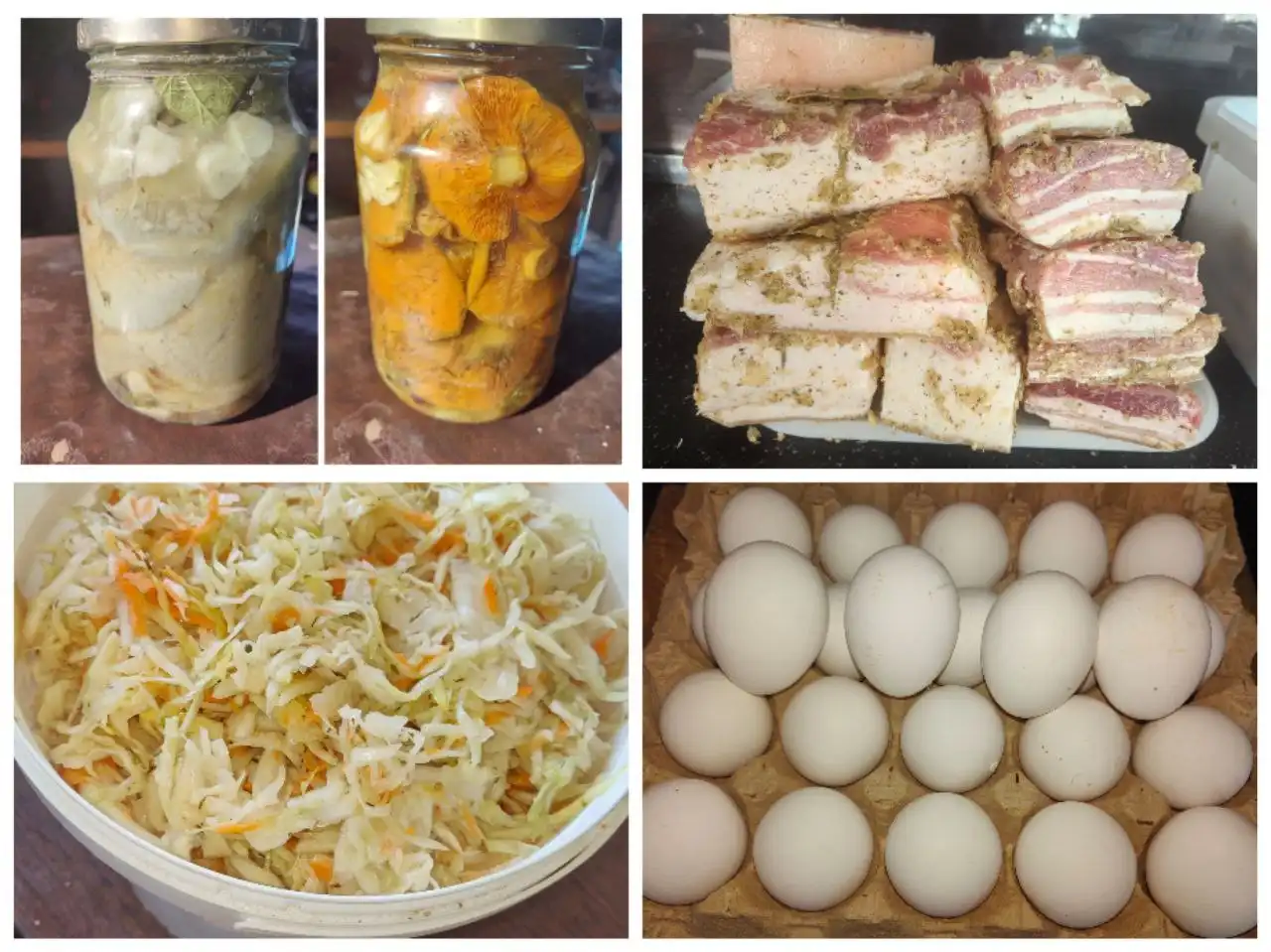 Продукты питания: яйца, капуста, мясо, грибы