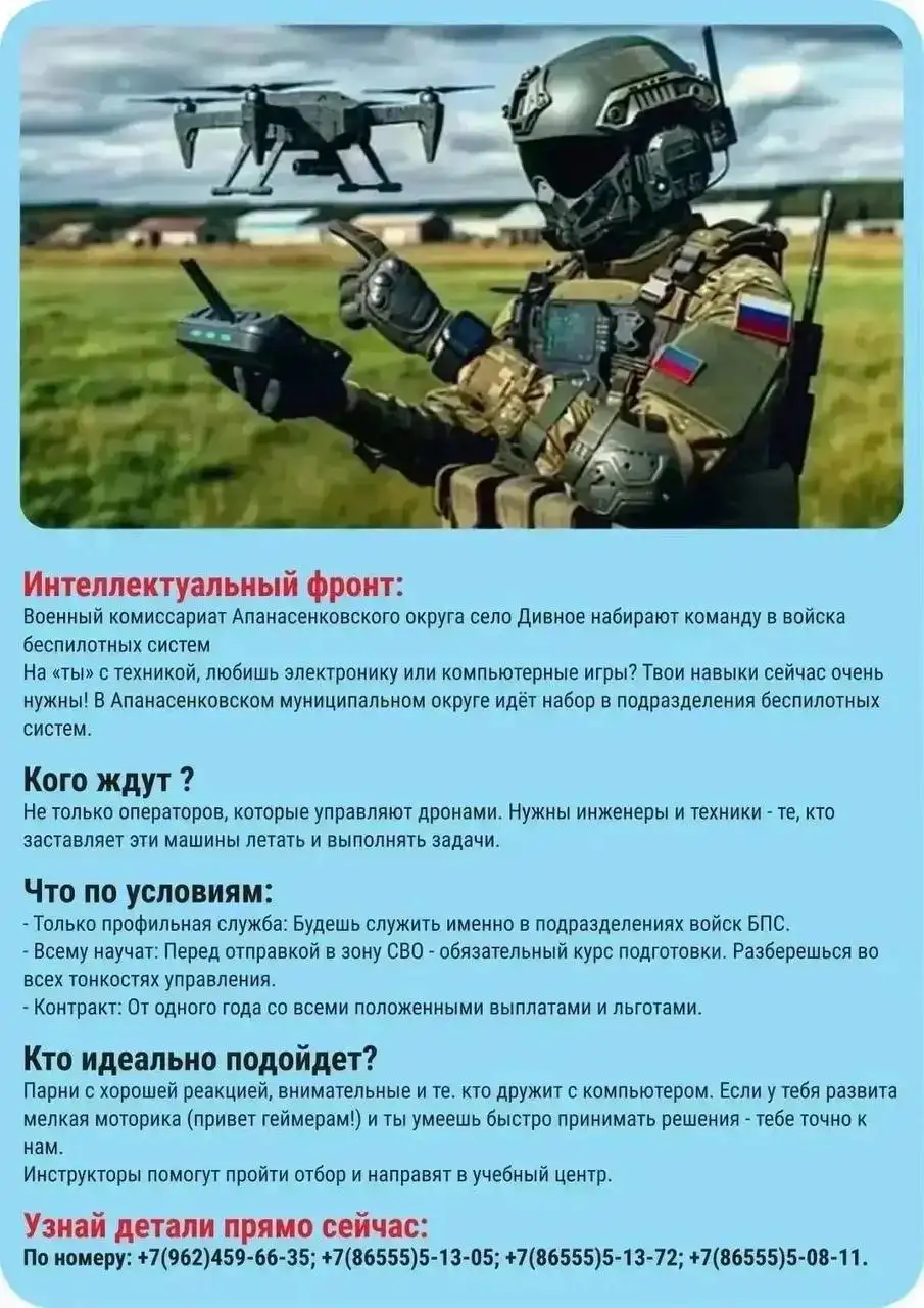 Набор операторов БПЛА в Апанасенковском округе - Военная служба (Работа) в Дивное