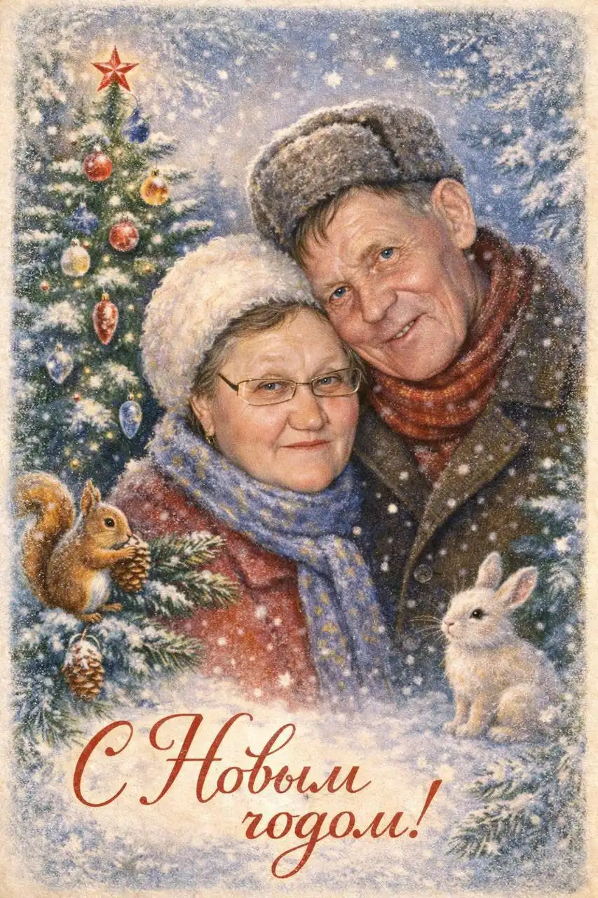 Поздравление с Новым годом и Рождеством открыткой в стиле СССР