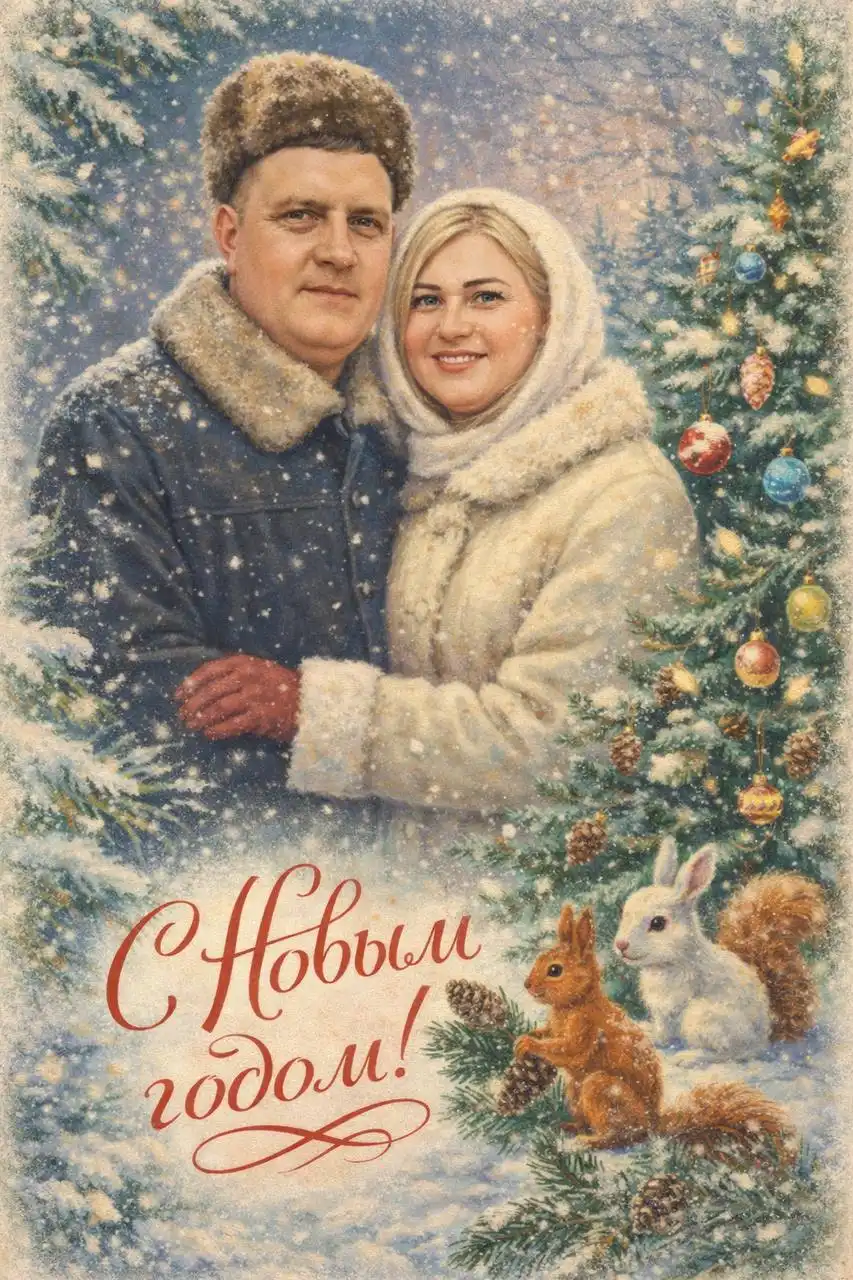 Поздравление с Новым годом и Рождеством открыткой в стиле СССР