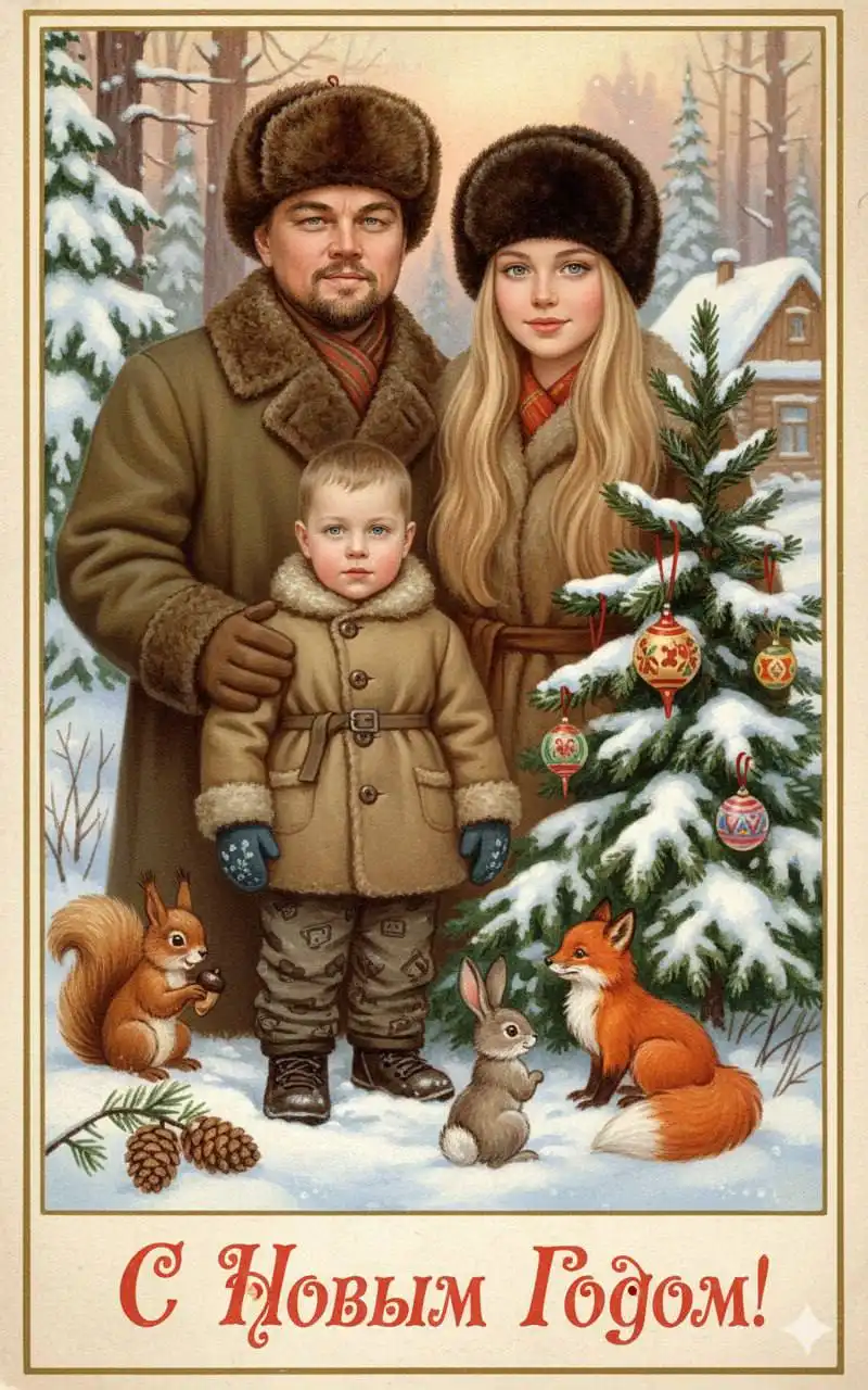 Винтажная новогодняя открытка в советском стиле
