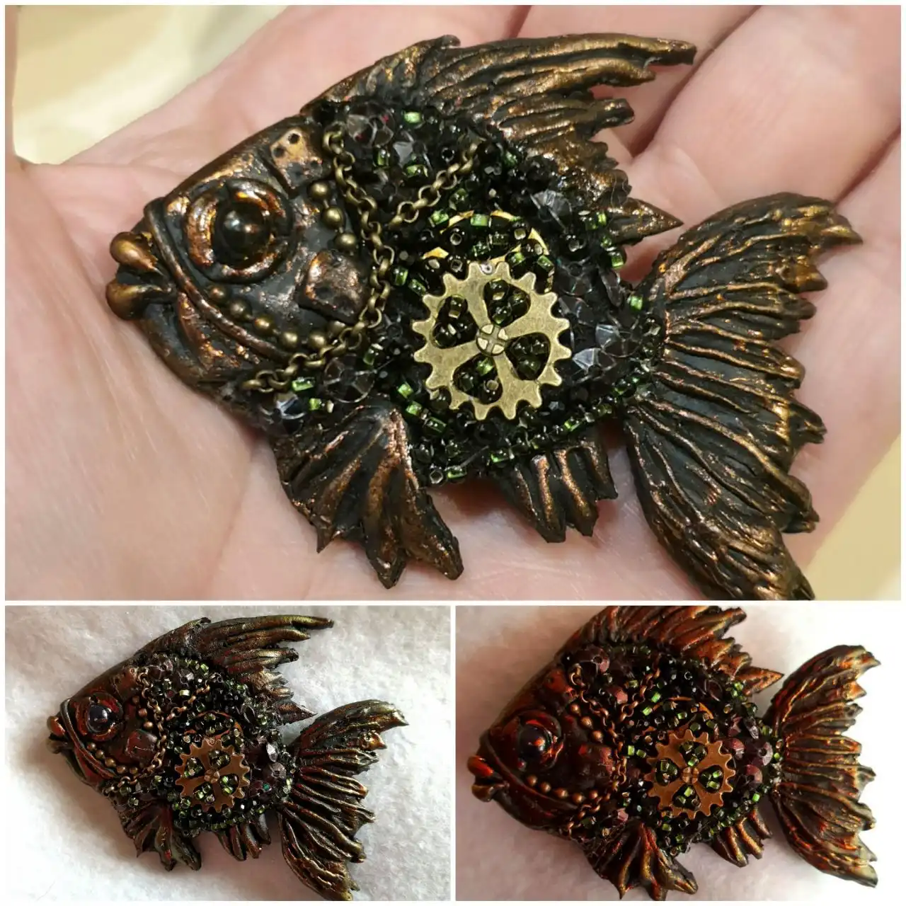 Брошь "рыбка" ручная работа в смешанной технике