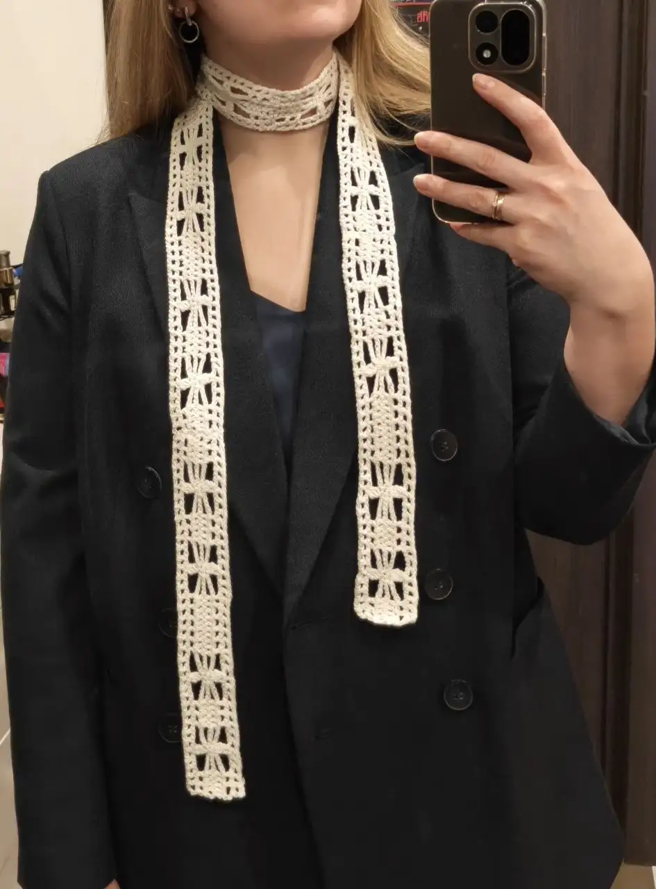 Вязаный ажурный скинни шарф из хлопковой нити - Аксессуары (Одежда) в Химки