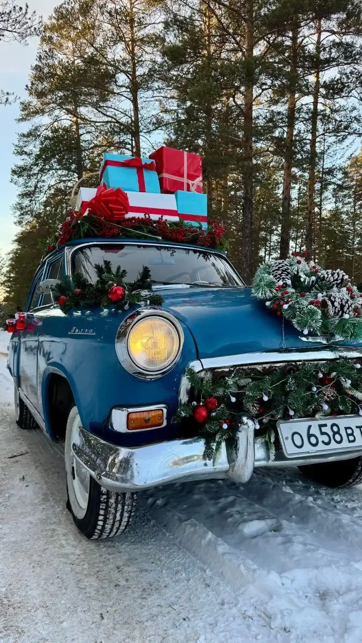 Новогодняя фотосессия в лесу с волшебным автомобилем