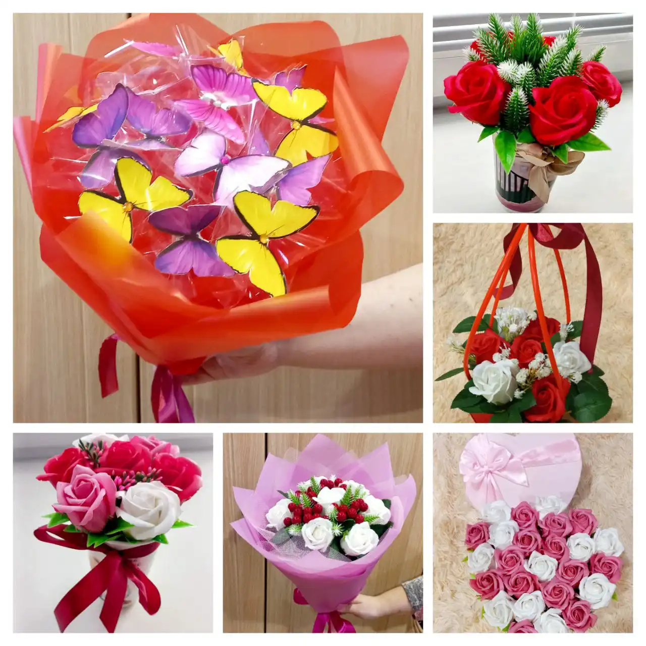 Букеты из мыльных роз, светящихся бабочек и атласных лент