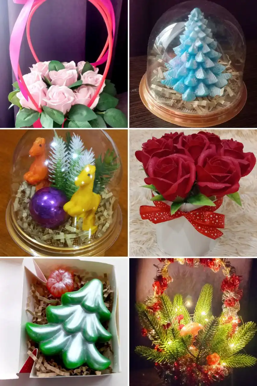 Букеты из мыльных роз, светящихся бабочек и атласных лент