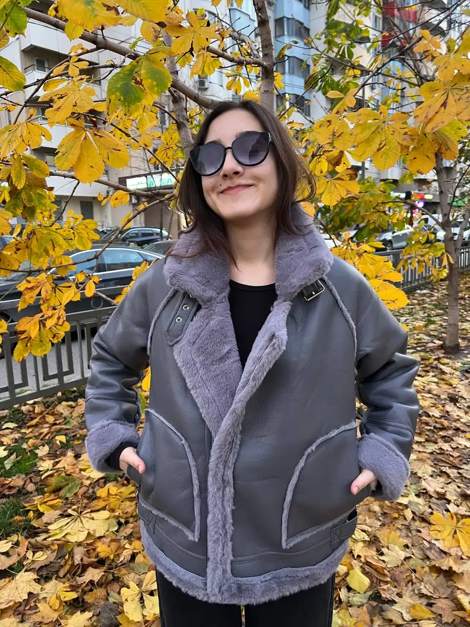 Дубленка двусторонняя экокожа и экомех размер 44-46