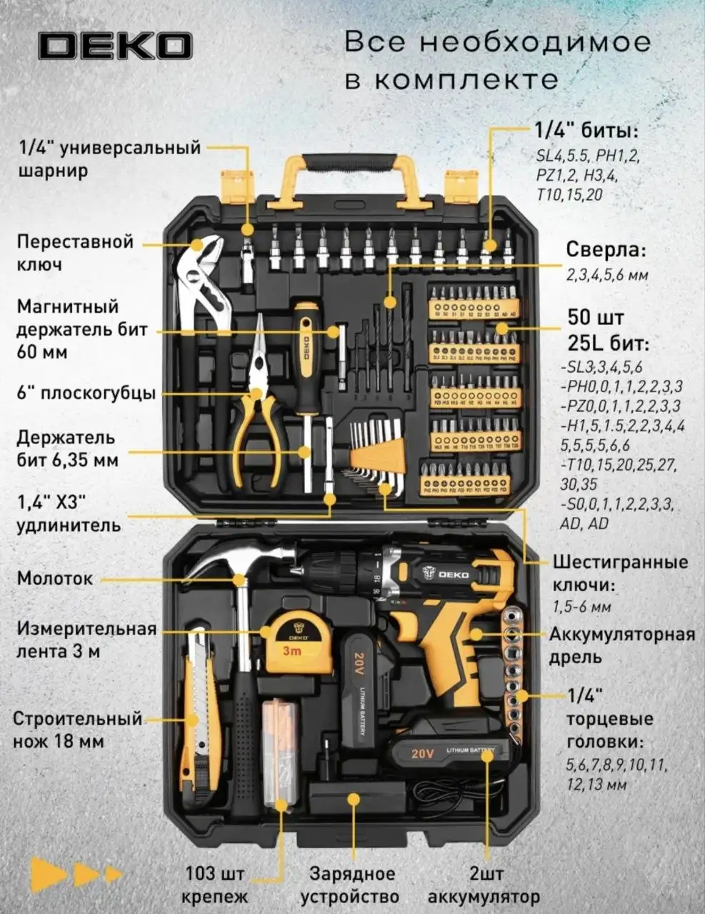 DEKO DKCD20FU-Li 20В аккумуляторная дрель-шуруповерт с комплектом - Инструменты (Электроника) в Ярославль