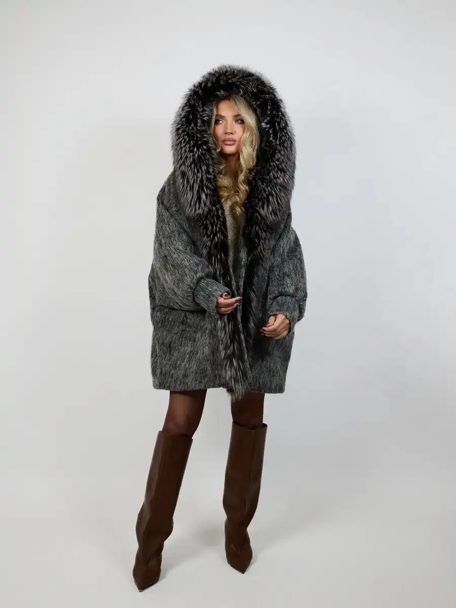 Зимнее кашемировое пальто с гусиным пухом и съемным мехом