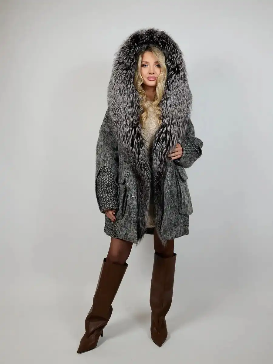 Зимнее кашемировое пальто с гусиным пухом и съемным мехом