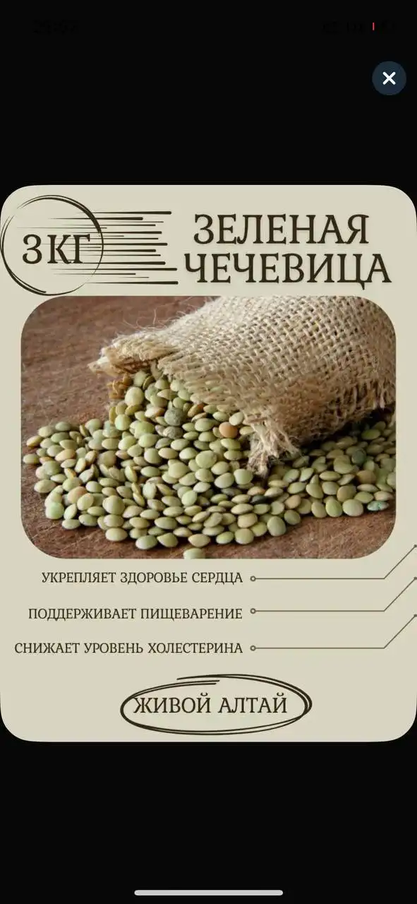 Продажа зеленой чечевицы 3 кг